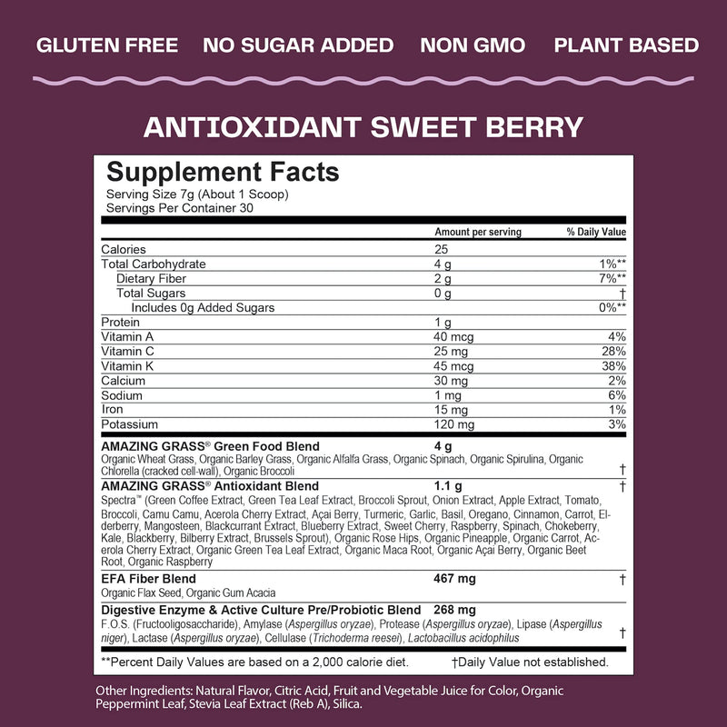 Amazing Grass Greens Blend Antioxidant: Super Greens Powder with Spirulina, Beet Root Powder, Elderberry, Bilberry, Prebioitics & Probiotics, Sweet Berry, 30 Servings (Packaging May Vary) Antioxidant Berry 30 Servings (Pack of 1) - NewNest Australia