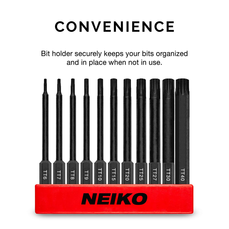 Neiko 01149A Torx Head Drill Bit Set, 11-Piece Sizes TT6 to TT40 | Tamperproof Magnetic Torx Bits | 3 Quick Release Shanks | Premium S2 Steel | Compatible with Power Drills and Impact Drivers Tamperproof Torx - NewNest Australia