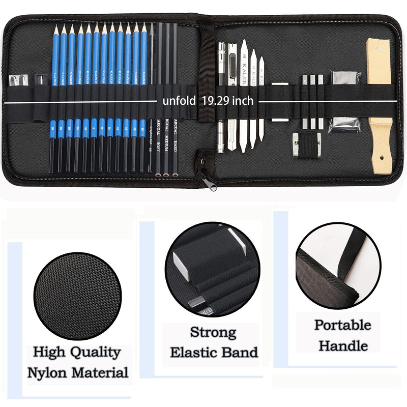 Kalour 33 Pieces Professional Drawing Sketching Pencils set,Portable Zippered Travel Case-Charcoal Pencils, sketch Pencils, Charcoal Stick.Drawing Supplies Perfect for Artists and Beginners - NewNest Australia