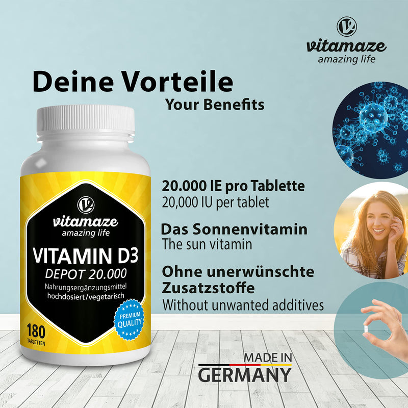 High-dose vitamin D3 20,000 IU per tablet (20-day dose), 180 vegetarian tablets (divisible), natural dietary supplement without additives, Made in Germany - NewNest Australia