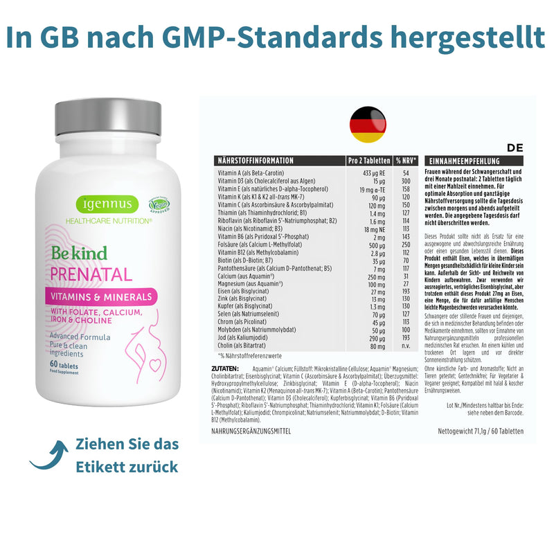 Pregnancy vitamins - 23 vegan nutrients for pregnancy & postpartum, with folic acid as folate & compatible iron, 60 tablets, from Igennus - NewNest Australia