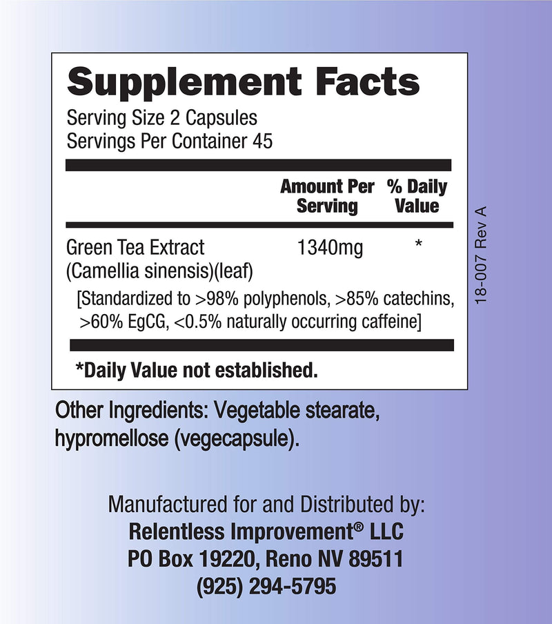 Relentless Improvement EGCG Green Tea Extract 670mg Extract Per Capsule Standardized to 98%+Polyphenols 60% EgCG Very Low Caffeine Zinc Ionophore - NewNest Australia