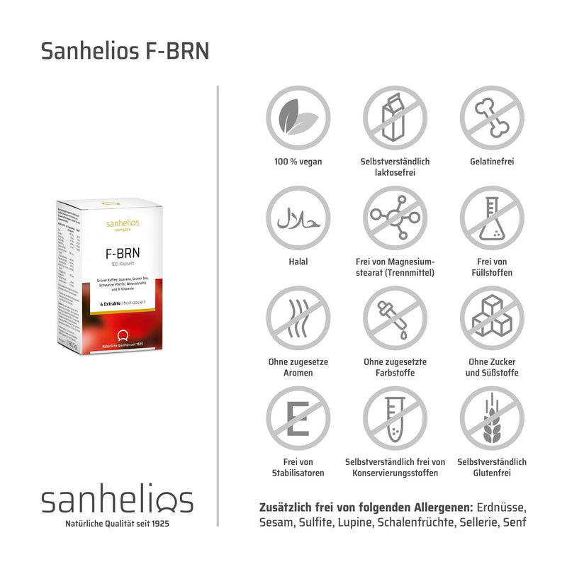 Sanhelios® F-BRN Capsules - Green Tea, Green Coffee, Guarana, Black Pepper | Pharmacy product, 100 pcs.| Vegan, made & tested in Germany - NewNest Australia