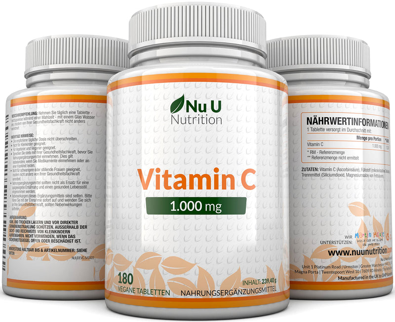 Vitamin C 1000mg High Dose - 180 Vegan Tablets - Vit C for 6 Months - From Nu U Nutrition - NewNest Australia