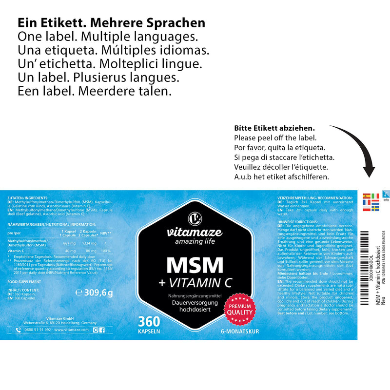 MSM capsules + vitamin C, high dose, 360 capsules for 6 months, 1,334 mg organic sulfur powder per day, 99.9% pure methylsulfonylmethane, nutritional supplement without additives, Made in Germany - NewNest Australia