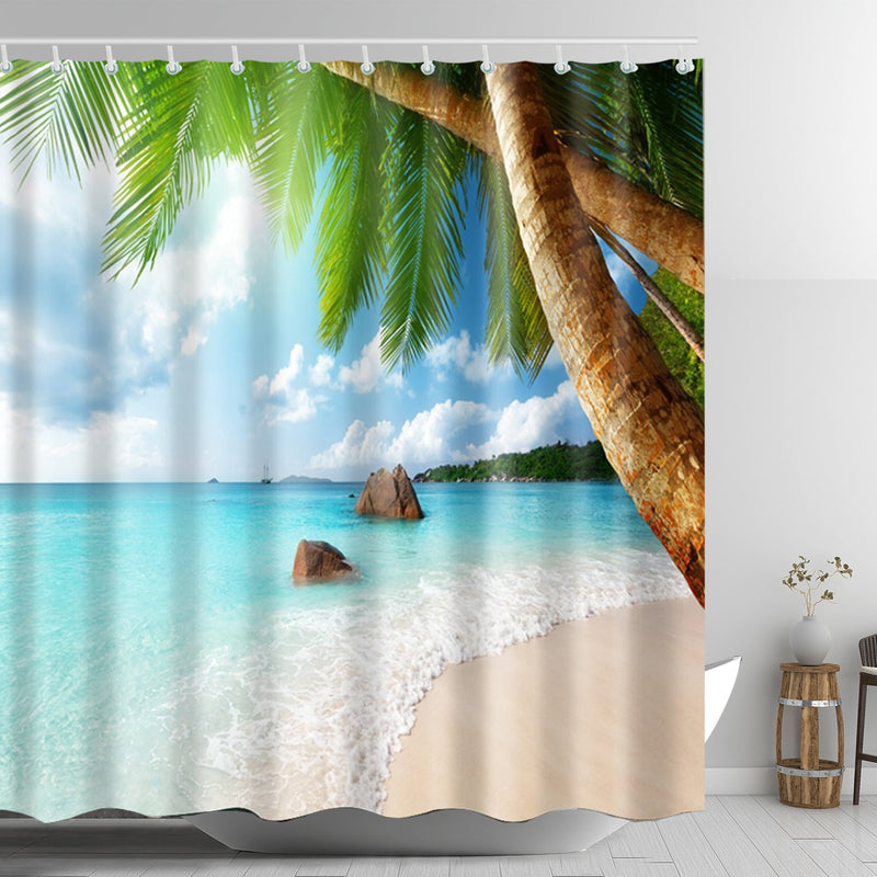 ABxinyoule Beach Scene Shower Curtain Tropical Beach Theme Palm Blue Waterproof Fabric Bathroom Sets - NewNest Australia