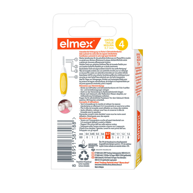elmex interdental brush yellow (size 4, 0.7mm), 1 x 8 pieces - interdental brushes for cleaning medium spaces between teeth - NewNest Australia