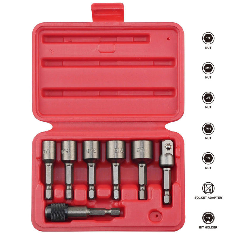 KAIFNT K453 Magnetic Power Nut Driver Bit Set with Socket Adapter and Extension, Quick-Change 1/4-Inch Hex Shank, SAE, 7-Piece SAE, 2-inch - NewNest Australia