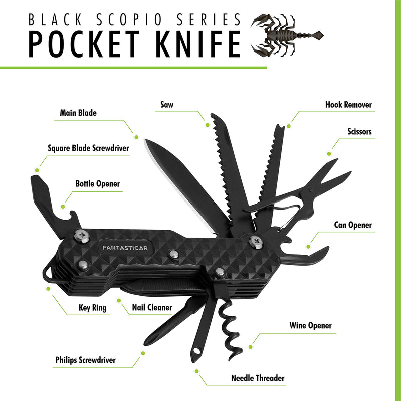 FANTASTICAR 15 in 1 Army Multi-Tool, Key Chain, Folding Pocket Knife With Premium Gift Box for Camping, Fishing, Hunting, Survival, Heavy Duty Outdoor (Black) Black - NewNest Australia