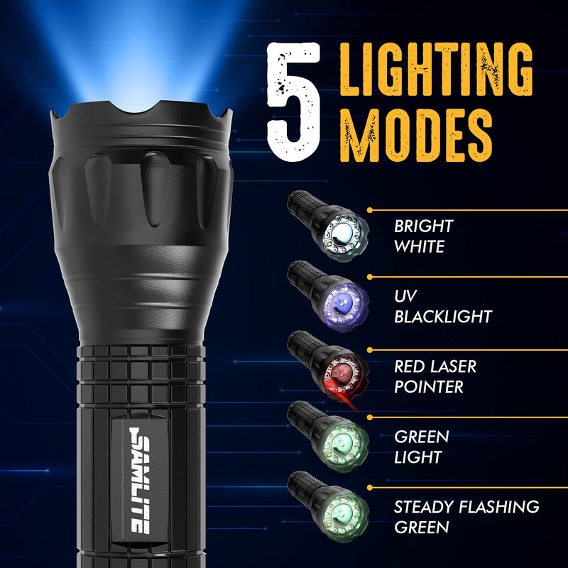 SAMLITE- LED Tactical Flashlight With 5 Options, Bright LED Light, Laser Pointer, UV Blacklight, Green Light and Magnetic Bottom - Water Resistant - (3 AAA Batteries Included) - NewNest Australia