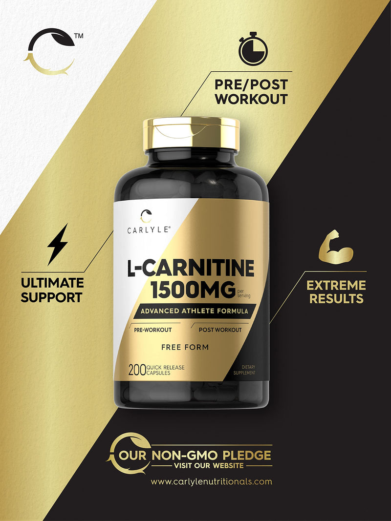 L-Carnitine 1500mg | 200 Capsules | Advanced Athlete Formula | Workout Supplement | Non-GMO, Gluten Free | by Carlyle - NewNest Australia