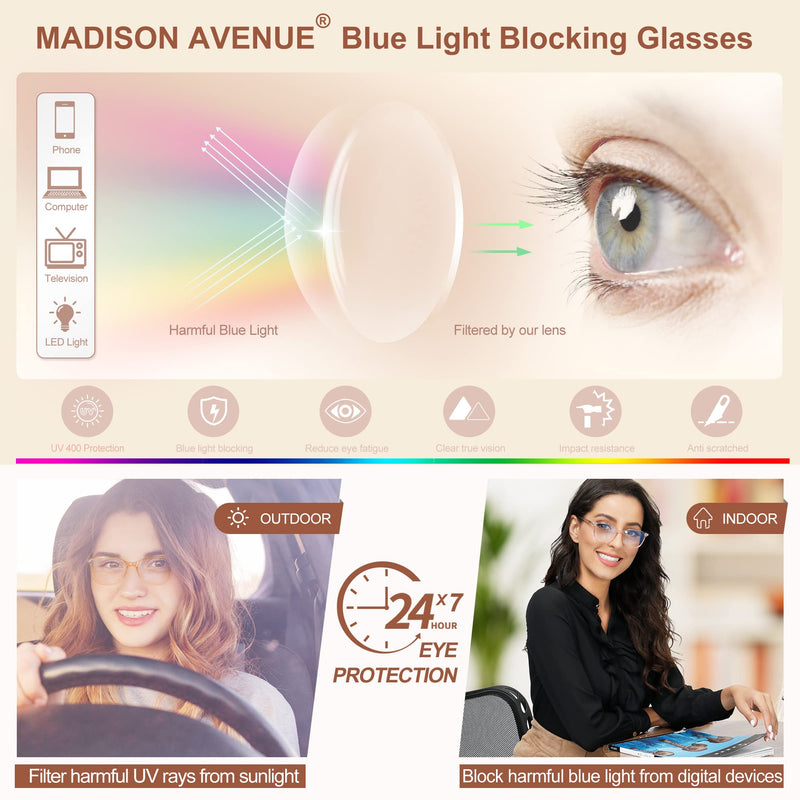 Madison Avenue Women'S Blue Light Filter Glasses, Tr90 Blue Light Glasses, Computer Glasses For Gaming, Metal Hinge Glasses, Blue Light Filter Without Prescription - NewNest Australia