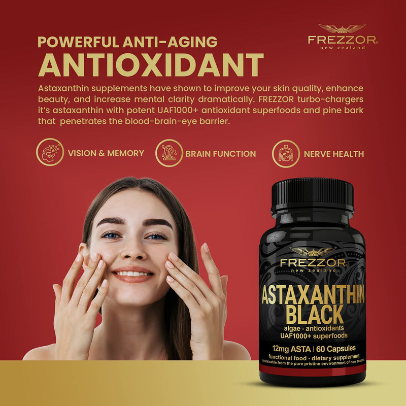 FREZZOR New Zealand Astaxanthin Black with UAF1000+, Anti-Aging, Skin, Eye, Nerve, Muscle Recovery, Cardiovascular and Immune Support Antioxidant Supplement, 12mg Astaxanthin, 30 Servings, 1 Bottle - NewNest Australia