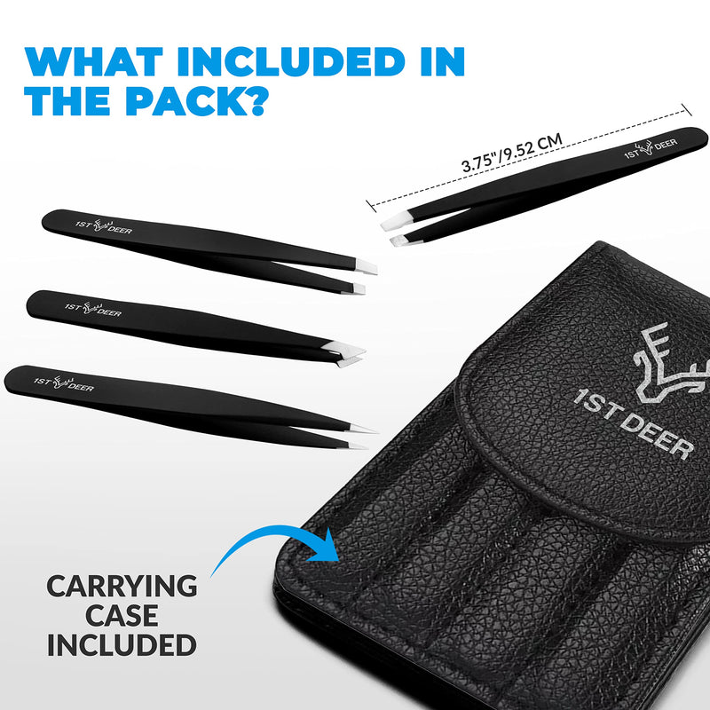 1St Deer Tweezers Set, 4 Piece Stainless Steel Precision Tweezers For Eyebrow Plucking Facial Hair Removal - Plucking Tweezers For Ingrown Hair, Blackheads And Tick Removal (Black) - NewNest Australia