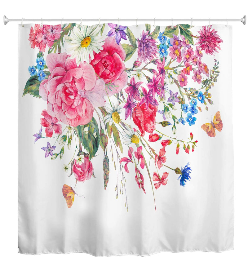 AO BLARE Flower Shower Curtain Watercolor Bouquets Wildflowers Roses Daisies Butterflies Natural Summer Waterproof Fabric Shower Curtain Set with Hooks 72 X 72 Inches - NewNest Australia