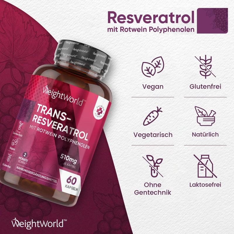 Trans-Resveratrol Capsules - 510 Mg Pure Resveratrol With Red Wine Polyphenols And Piperine - 60 Vegan Capsules - 98% Trans Resveratrol With Grape Skin & Black Pepper - Dietary Supplement - NewNest Australia