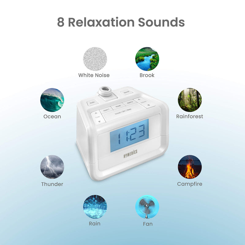 NewNest Australia - Dual Alarm Digital FM Clock Radio | Time Projection , 8 Relaxing Nature Sounds , LED Display , Multi-Alarm | Snooze , Sleep Timer , Nightlight , Ceiling Clock | SoundSpa HoMedics 