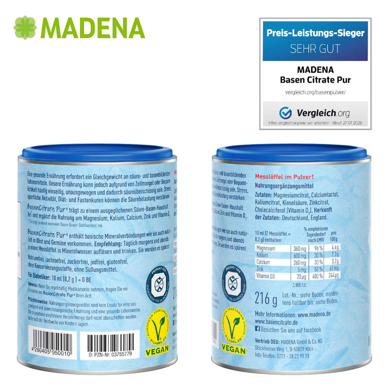 Madena Pure Alkali Citrate, By Pharmacist Rudolf Keil, Base Powder, 216 G Tin, The Original With 100% Organic Alkalis, Vegan, Lots Of Magnesium For A Citrate, Zinc, Potassium And Calcium Diet - For Fasting Based On Alkaline Food 3755779 216.00 - NewNest Australia