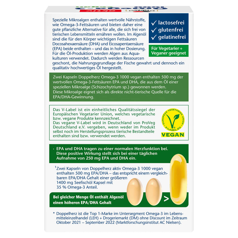 Doppelherz Omega-3 1000 vegan - high-dose omega-3 fatty acids EPA & DHA from vegetable algae oil - 60 small & vegan capsules 60 capsules - NewNest Australia