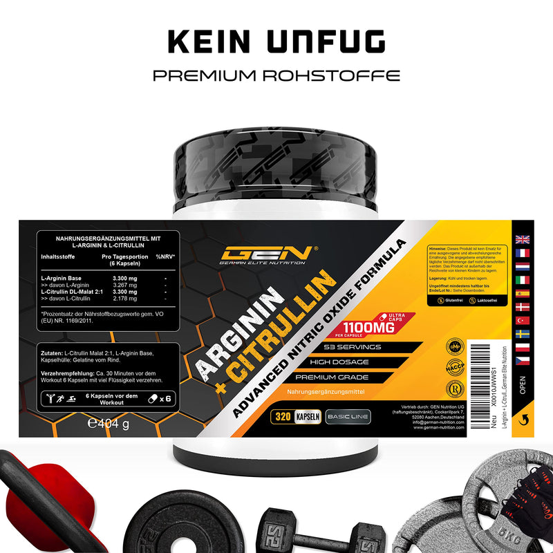 L-Arginine + L-Citrulline ‚ 320 Capsules ‚ 1100 Mg Per Capsule ‚ Citrulline 2:1 + Arginine Base 1:1 Ratio ‚ Premium Amino Acids ‚ Laboratory Tested Quality ‚ German Elite Nutrition - NewNest Australia