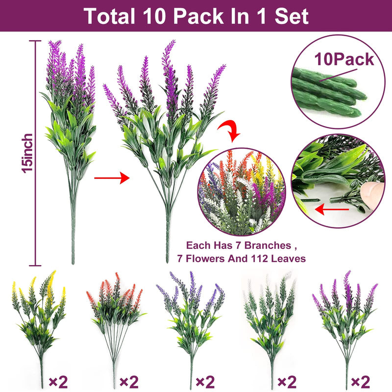 TURNMEON 10 Bundles Artificial Lavender Flowers Outdoor UV Resistant Fake Flowers Faux Plants Plastic Shrubs Outside Garden Porch Window Box Spring Decor(Mixed) Mixed - NewNest Australia