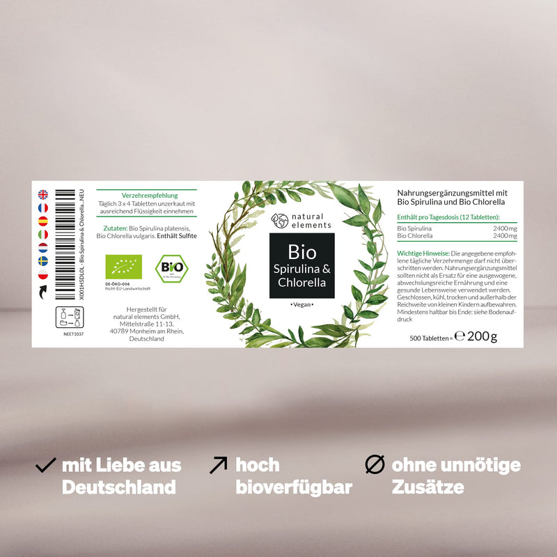 Organic Spirulina & Chlorella Pellets - 500 Tablets - Introductory Price - Certified Organic, Laboratory Tested, Without Additives, High Dosage, Vegan And Made In Germany - NewNest Australia
