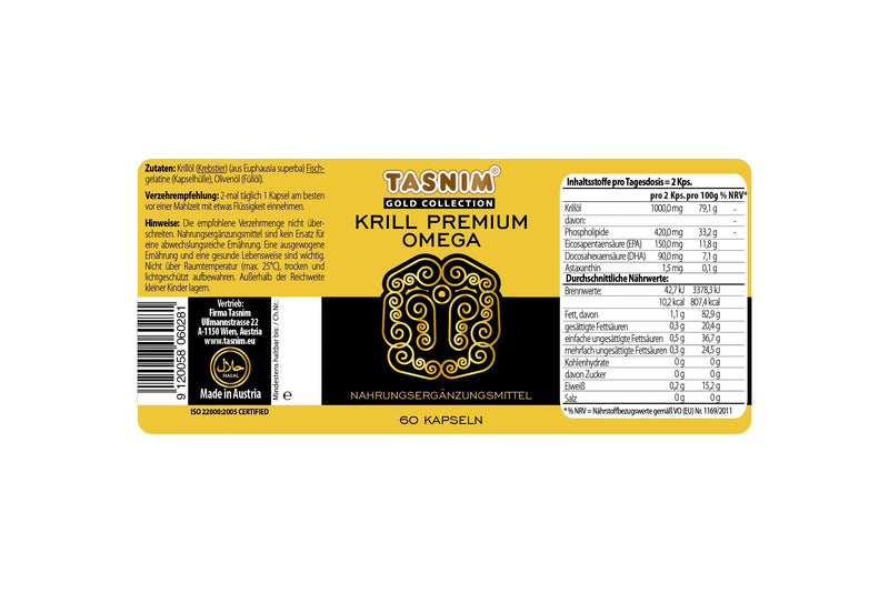 Tasnim Krill Premium Omega capsules 60 pieces 1000.0 mg krill oil in pharmacy quality with eicosapentaenoic acid dacosahexaenoic acid directly from the manufacturer Tasnim - NewNest Australia