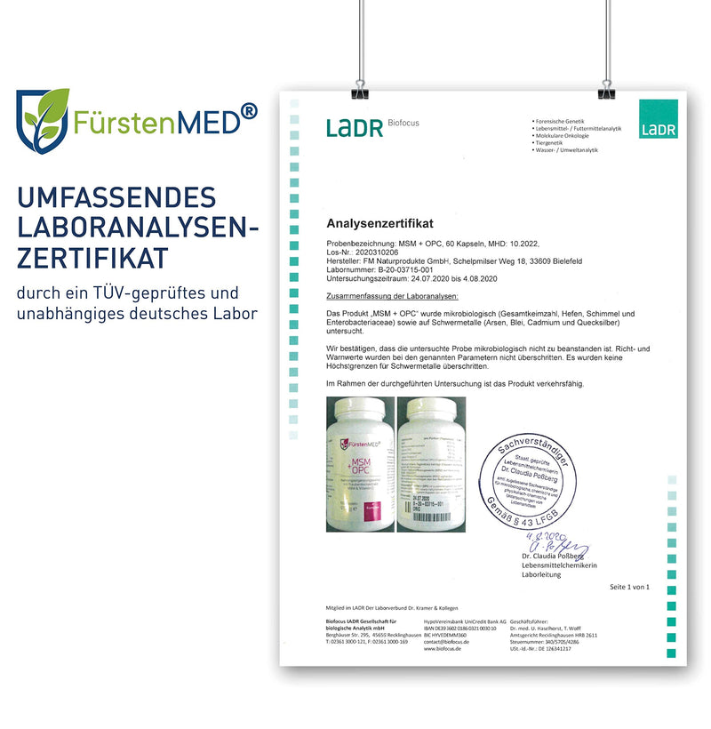 FürstenMED® MSM capsules - 1420mg MSM powder + OPC 427mg & vitamin C per daily dose - MSM capsules high dosage & vegan - high-quality organic sulfur - NewNest Australia