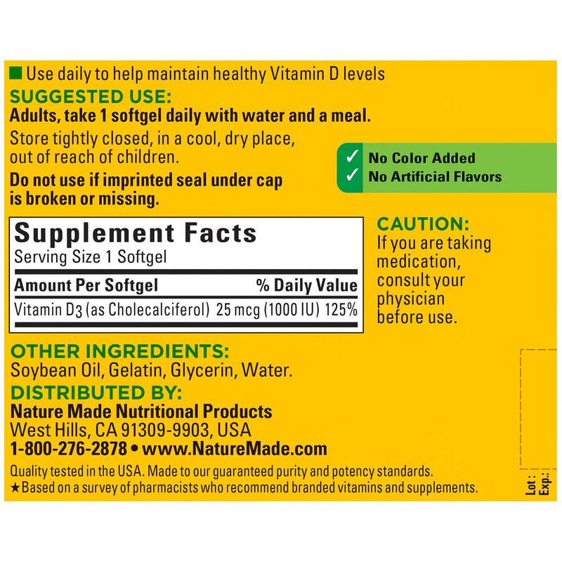Nature Made Vitamin D3, 300 Softgels, Vitamin D 1000 IU (25 mcg) Helps Support Immune Health, Strong Bones and Teeth, & Muscle Function, 125% of the Daily Value for Vitamin D in One Daily Softgel - NewNest Australia