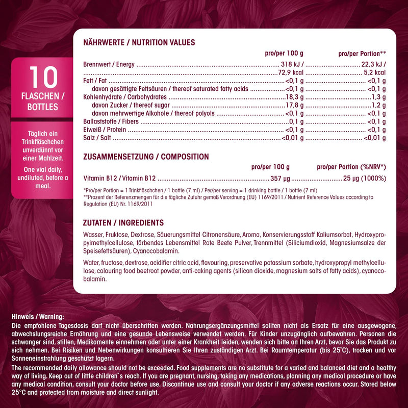 Pharmavital B12 Power Drinking Ampoules With Vitamin B12 Supports Energy Metabolism, Nervous System, Helps Against Fatigue - 10 Shots - 25Œºg Vitamin B12 Per Daily Dose In Raspberry Flavor - NewNest Australia