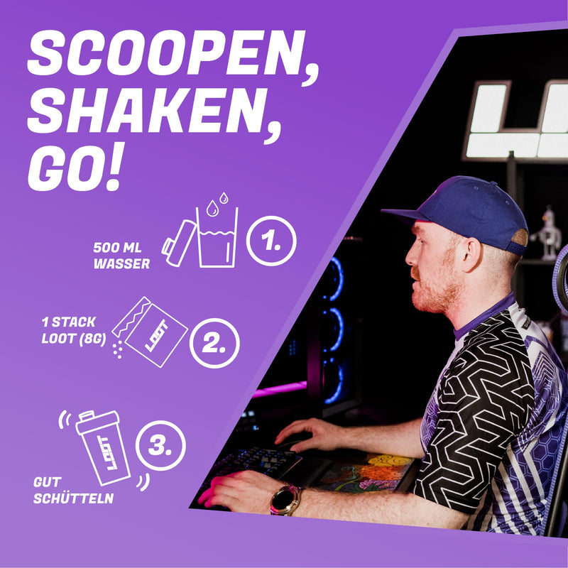 LOOT - Shaker with 7 game booster stacks/energy drink with 200 mg caffeine & taurine/gaming trial set for concentration, endurance and responsiveness - NewNest Australia