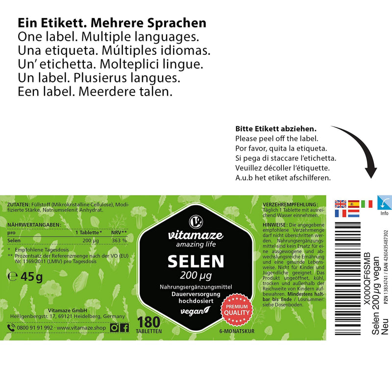 Selenium high dose 200 mcg, vegan, 180 tablets for 6 months, natural & bioavailable dietary supplement without additives, Made in Germany - NewNest Australia