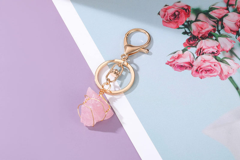 Amethyst Crystal Keyring Raw Healing Crystal Gemstone Keyring Wire Wrapped Irregular Quartz Crystal Stone Car Key Ring Bag Charm for Women Girls Mother's Day Gift for Mum Rose Quartz - NewNest Australia