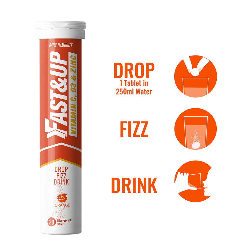 Fast&Up Vitamin C, Vitamin D & Zinc - Complete Immunity Support - Best Defence - 20 Effervescent Tablets - One Daily - Orange Flavour 20 Count (Pack of 1) - NewNest Australia