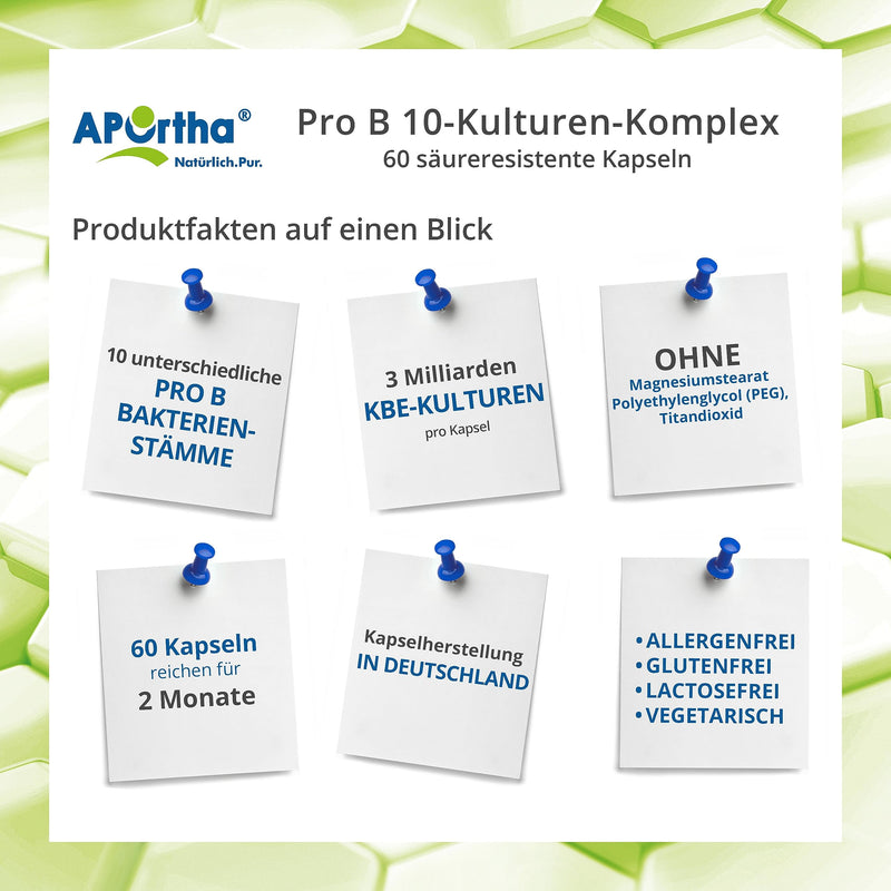 Aportha Pro B 10 Cultures - 60 Gastric Juice-Stable Capsules, 3 Billion Cfu Cultures Per Daily Dose, Allergen-Free, Gluten-Free, Lactose-Free, Vegetarian Without Additives - NewNest Australia