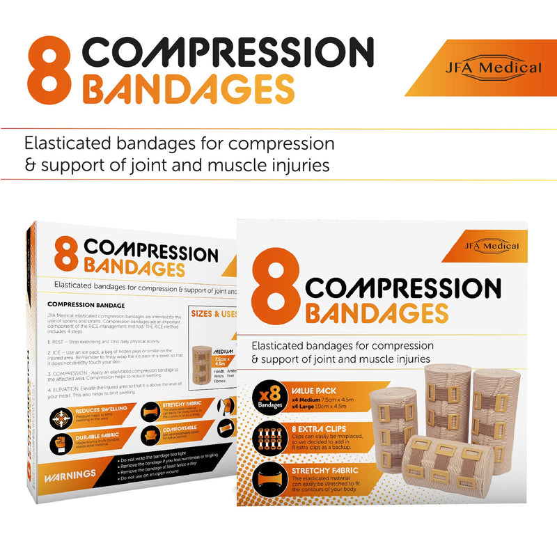 JFA Medical Elastic Compression Bandage Wrap - 8 Pack + 8 Extra Clips (4 x 7.5cm x 4.5m & 4 x 10cm x 4.5m Rolls) - Wrist, Ankle, Hand Knee, Elbow, Shoulder, Feet Injuries - NewNest Australia