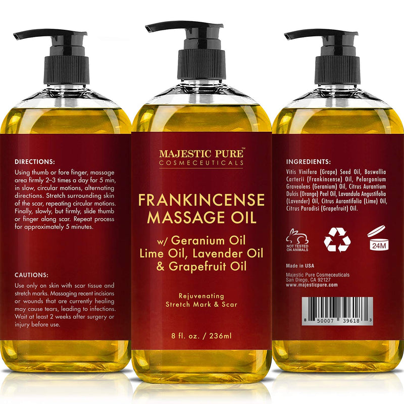 Stretch Mark and Scar Frankincense Massage Oil by Majestic Pure, for Softer & Smoother Skin - Visibly Reduces Appearances of Scars and Stretch Marks - 8 fl oz - NewNest Australia