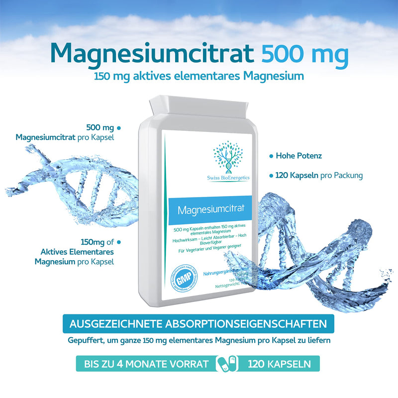 Magnesium Citrate 500Mg 120 Capsules - Provides 150Mg Active Elemental Magnesium High Efficacy - Easily Absorbed - Highly Biologically Available - Made In The Uk - NewNest Australia