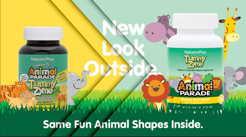 NaturesPlus Animal Parade Tummy Zyme Children’s Chewable Digestive Support - Active Enzymes, Lactase, Live Probiotics and Whole Foods - Vegetarian, Gluten Free - Tropical Fruit Flavour - 90 Animal Shaped Tablets - NewNest Australia