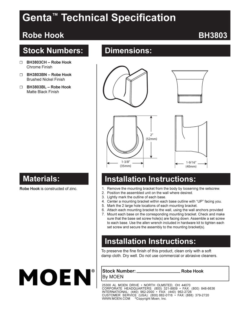 Moen BH3803BL Genta Modern Single Robe Hook, Matte Black - NewNest Australia