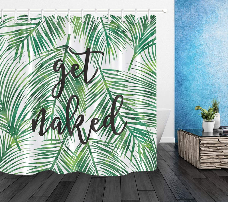 LB Green Tropical Coconut Palm Leaf Shower Curtain with Hooks,Black Font Get Naked Funny Bathroom Curtains 72x72 inch Waterproof Polyester Fabric 72''Wx72''L - NewNest Australia