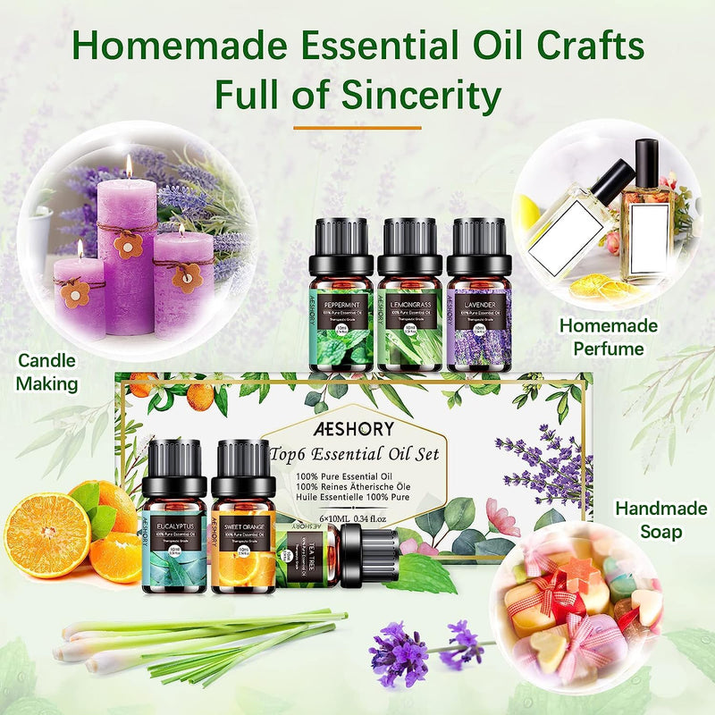 Aeshory Essential Oils Set For Diffuser 6 X 10 Ml, 100% Natural Aromatherapy Fragrance Oil, Aroma Oil Gift Set For Soap, Candles, Humidifier, Spa - Lavender, Mint, Tea Tree, Sweet Orange, Eucalyptus - NewNest Australia