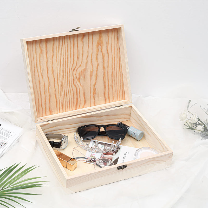 Unfinished Wooden Box with Hinged Lid for Crafts DIY Storage Jewelry Pine Box - 12" x 9.2" x 3.3" 1 - NewNest Australia