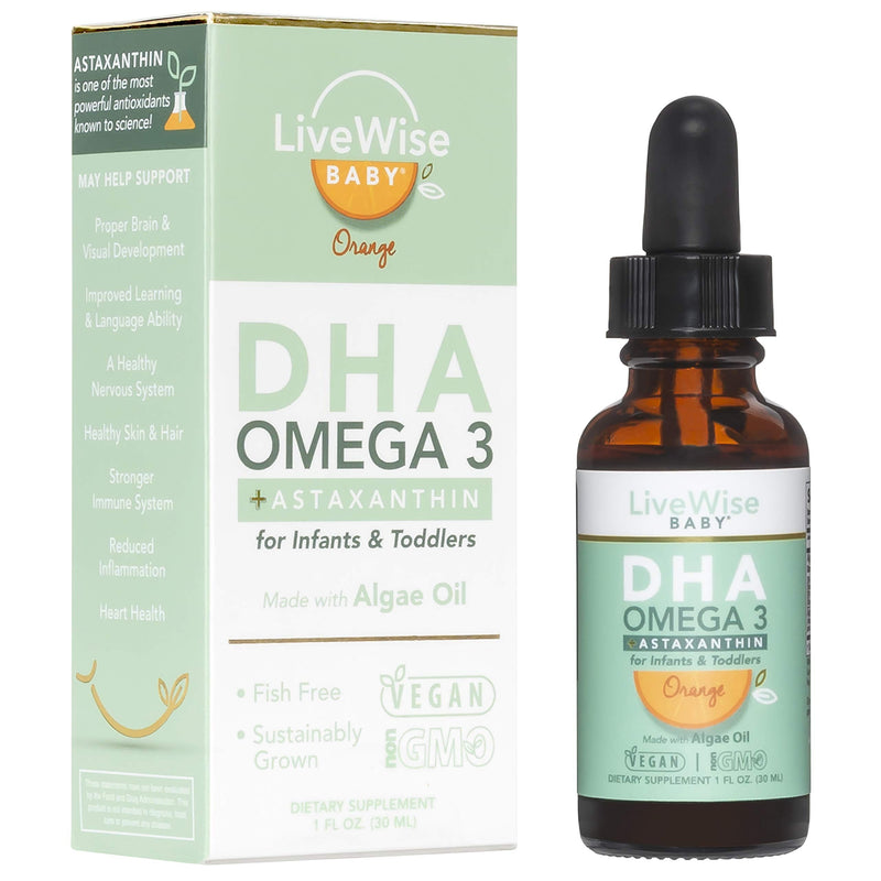 DHA Omega 3 Liquid Drops - Baby Vitamin DHA Omega 3 for Infants Plus Astaxanthin - Vegan Friendly, Great Tasting - Omega 3 Supplement w/Organic Orange Oil Develops Healthy Brain, Eyes, Immune System - NewNest Australia