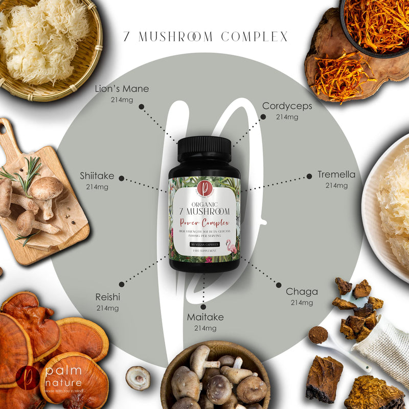 Palm Nature 7 Mushroom Complex - High Strength Extracts Not Powders - 30% Beta-Glucans - 90 Vegan Capsules - 1500mg Per Serving - Lions Mane, Chaga, Reishi, Shiitake, Maitake, Tremella, Cordyceps - NewNest Australia