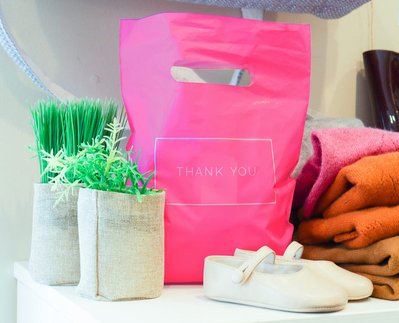 Pink Die Cut Plastic Shopping Bags with Thank You Logo 9" x 12" Boutique Bags with Handles 50 Pack for Merchandise, Gifts, Trade Shows and More 1 Count (Pack of 50) - NewNest Australia
