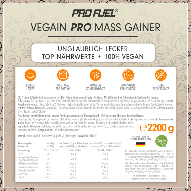 Weight Gainer CHOCOLATE HAZELNUT 2.2kg Mass Gainer - 100% Vegan - complex carbohydrates + vegan protein - ideal for building muscle - very tasty - without soy or maltodextrin - made in Germany 2.2 kg (pack of 1) - NewNest Australia