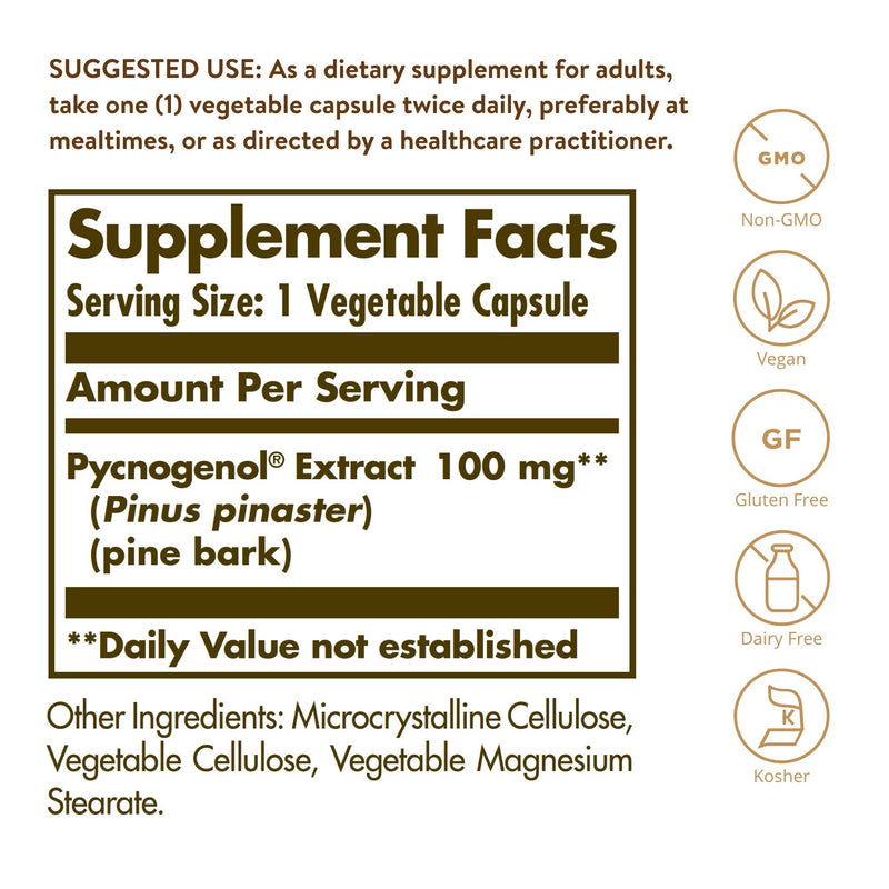 Solgar Pycnogenol 100 mg, 30 Vegetable Capsules - Antioxidant Protection - Healthy Leg & Vein Support - Non-GMO, Vegan, Gluten Free, Dairy Free, Kosher - 30 Servings - NewNest Australia