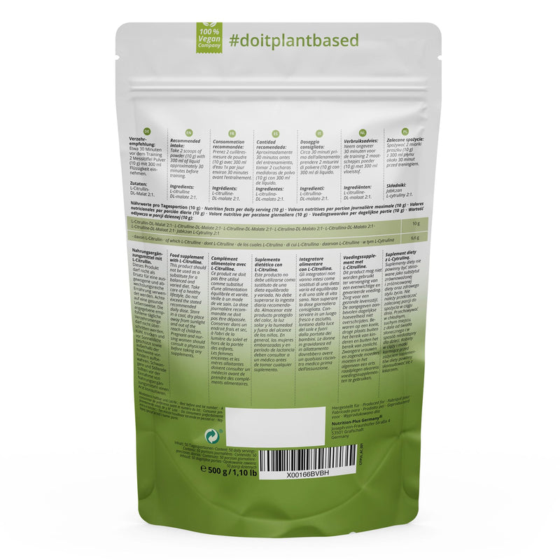 L-Citrulline Malate Powder 500 G - High Dose + Vegan + Pure - Bodybuilding And Fitness Booster - L-Citrulline Malate Dl 2:1 Powder - Premium Quality From Vegetable Fermentation - NewNest Australia