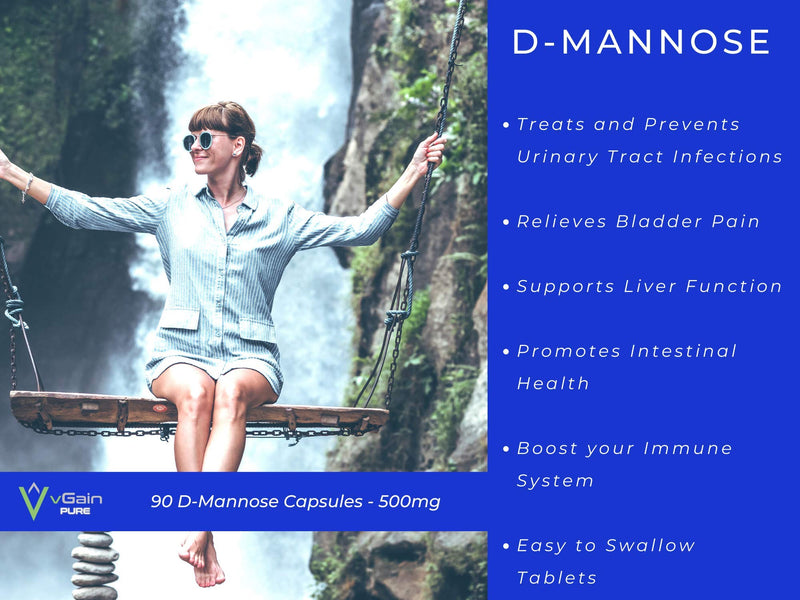 D-Mannose 500mg Capsules by vGain PURE - Certified Vegan by the Vegan Society – Powerful Supplement Support For Urinary Tract Cleanse - Bladder Health & Cystitis - UTI Natural Relief - For Men & Women - NewNest Australia